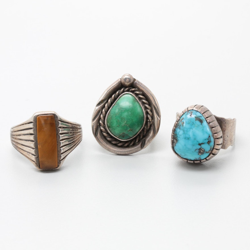 Southwestern Style Sterling Silver Turquoise and Tiger's Eye Rings