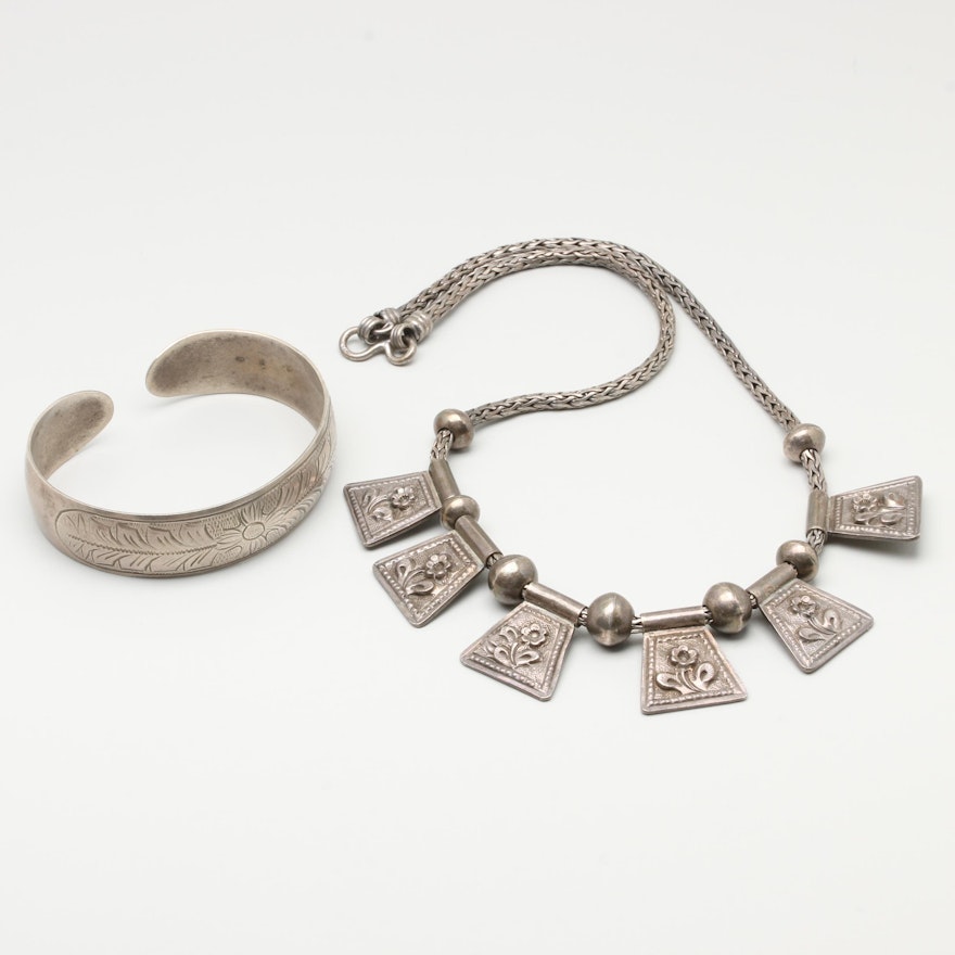 Sterling Silver Necklace and 800 Silver Cuff Style Bracelet