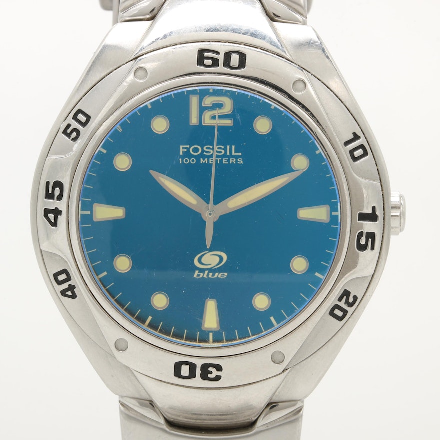 Fossil Stainless Steel Wristwatch with Blue Dial