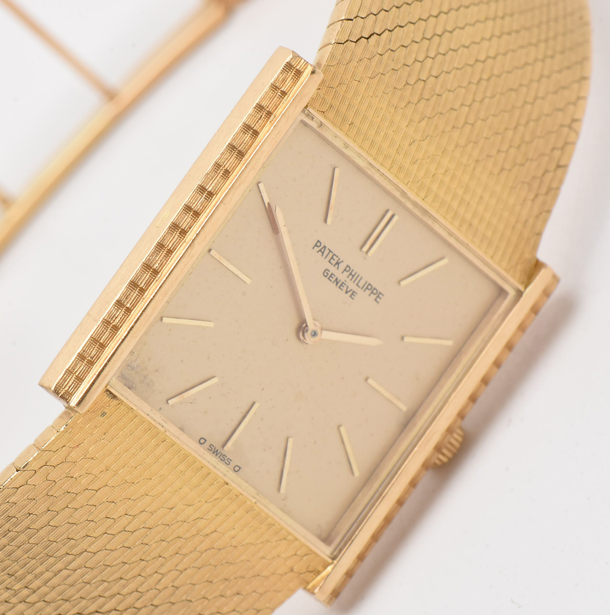 1970s Patek Philippe 18K Yellow Gold Square Dial with Mesh Bracelet Watch