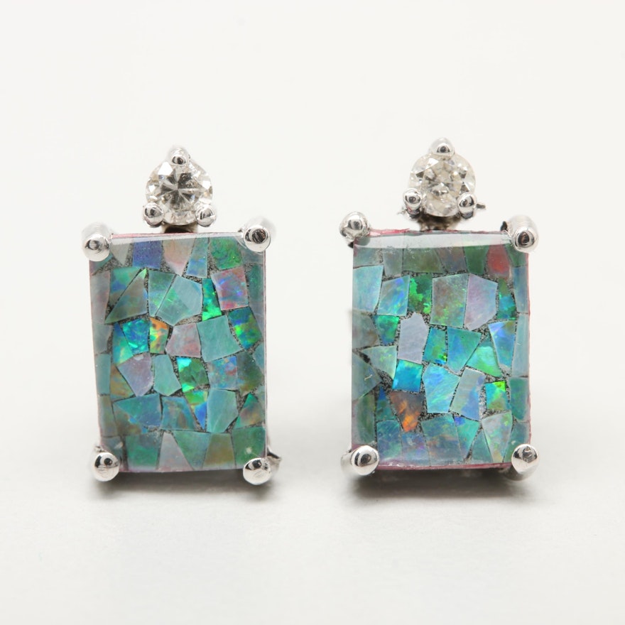 14K White Gold Opal Mosaic Triplet and Diamond Earrings