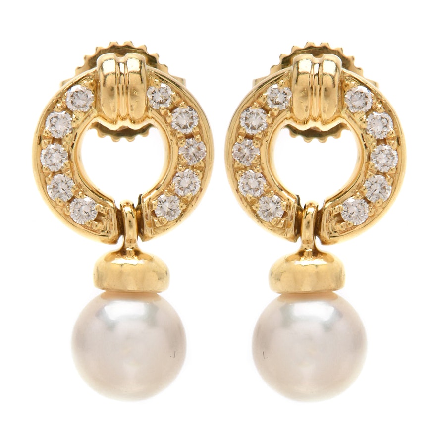 Tiffany & Co 18K Yellow Gold Pearl and Diamond Pierced Earrings
