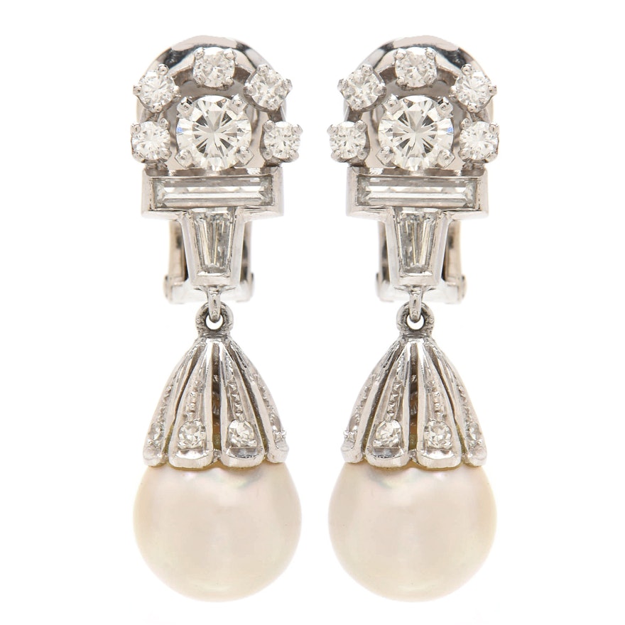 Art Deco Style Platinum 14K Gold Cultured Pearl and 1.53 CTW Diamond Earrings