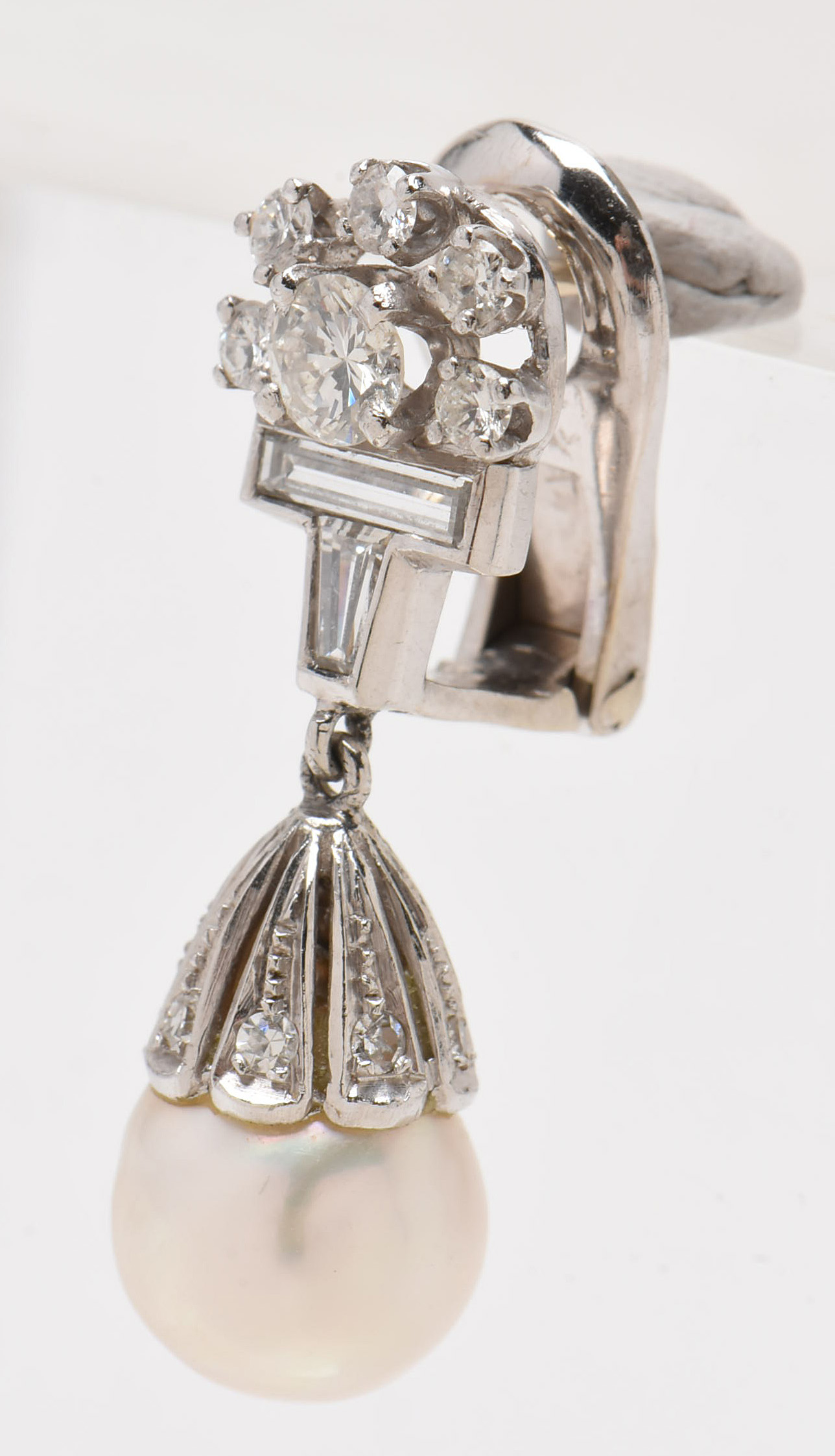 Art Deco Style Platinum 14K Gold Cultured Pearl and 1.53 CTW Diamond Earrings