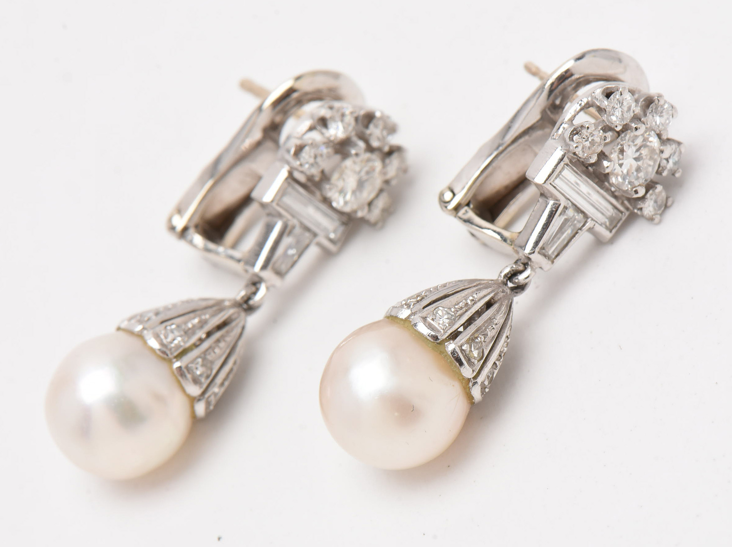 Art Deco Style Platinum 14K Gold Cultured Pearl and 1.53 CTW Diamond Earrings