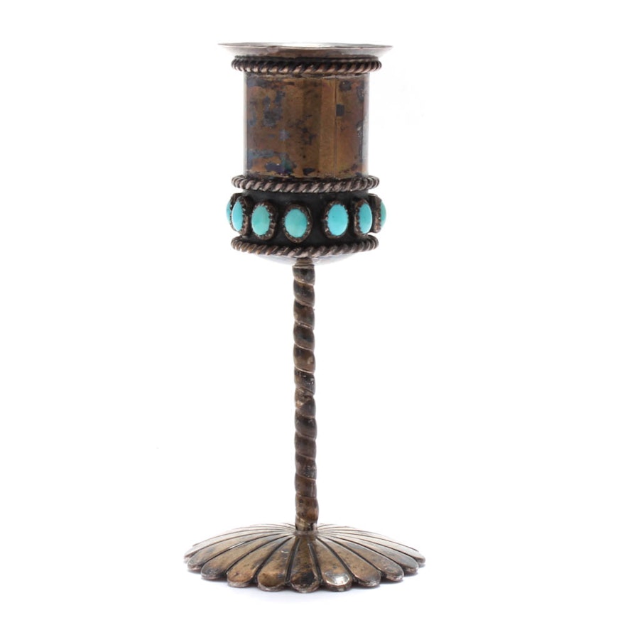 Tim Kee Whitman Navajo Diné Sterling Silver Turquoise Candle Stick Holder