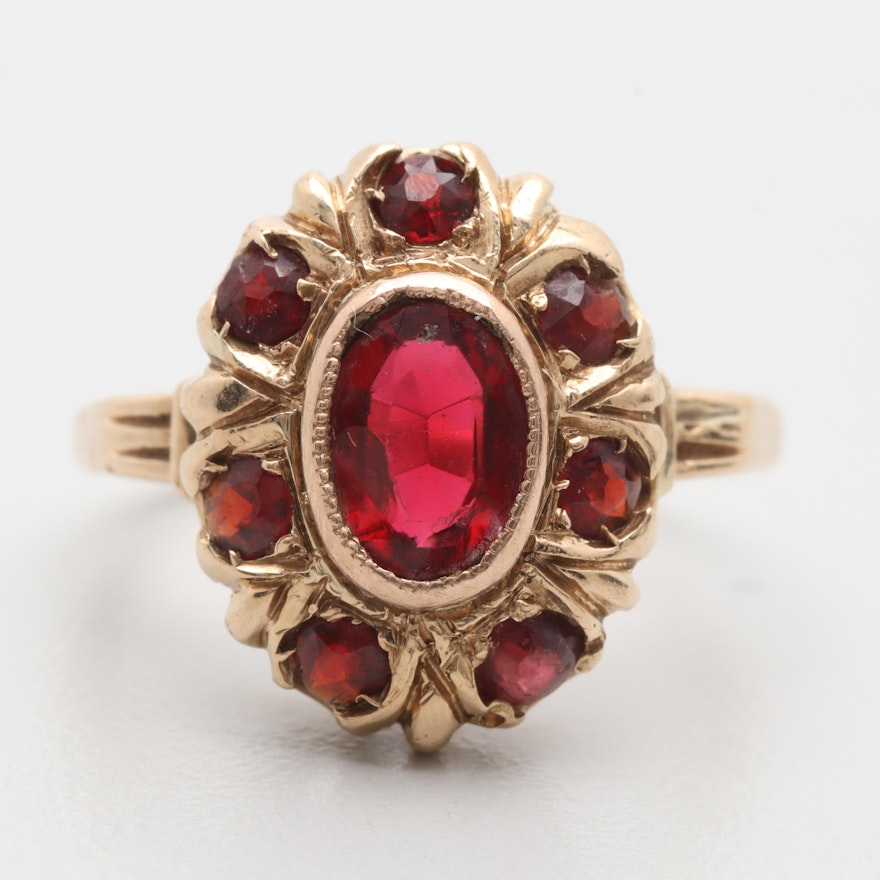 Vintage 14K Yellow Gold Red Glass and Garnet Ring