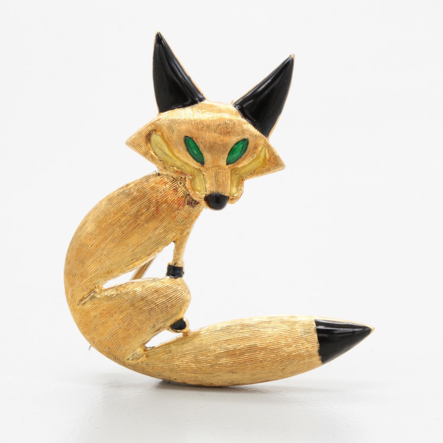 18K Yellow Gold Enamel Fox Brooch