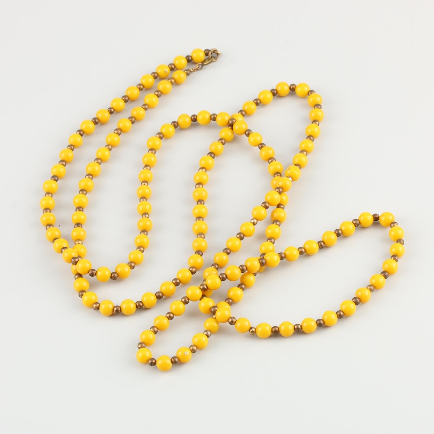 Vintage Plastic Beaded Necklace with Gold Tone Accents