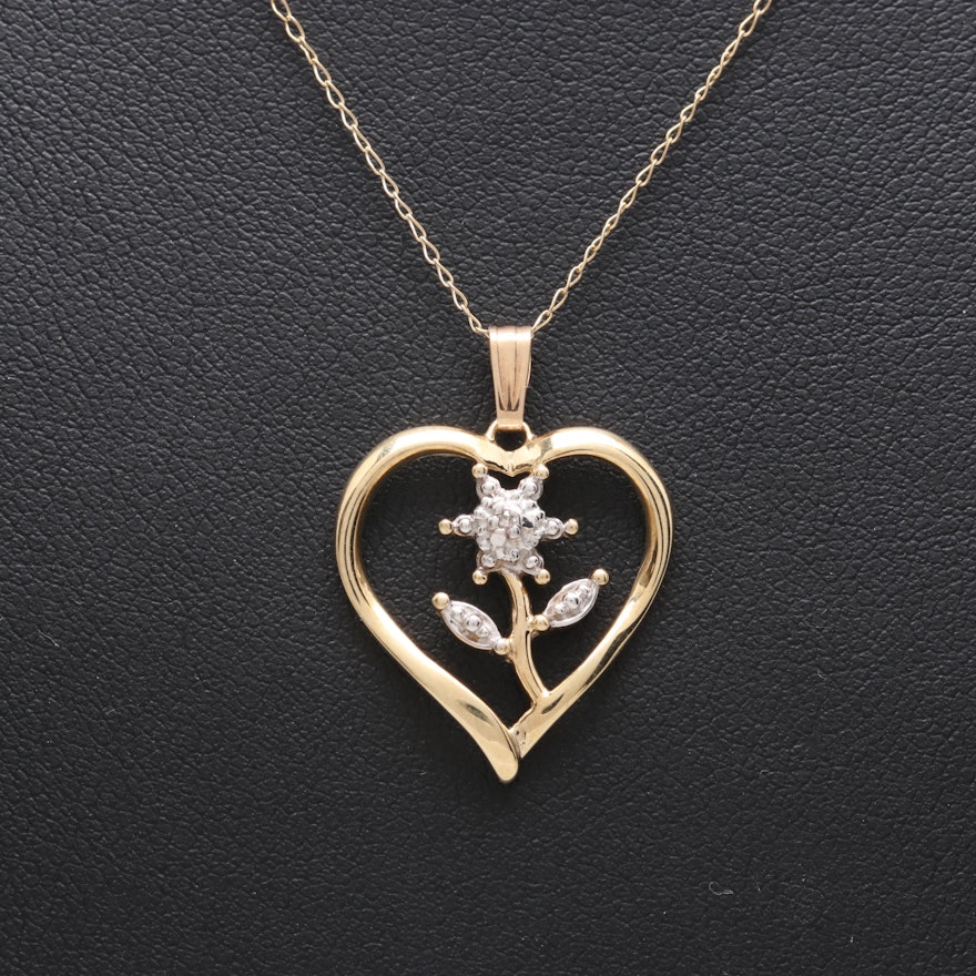 10K Yellow Gold Diamond Heart Pendant Necklace