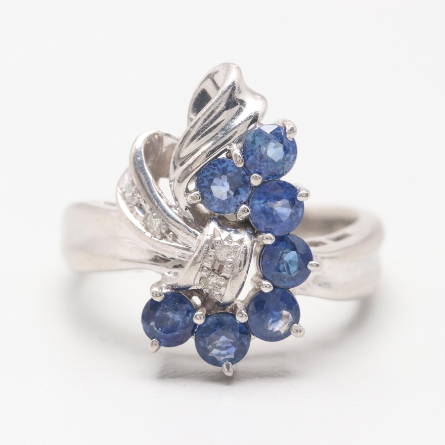 Retro Style Platinum Blue Sapphire and Diamond Ring