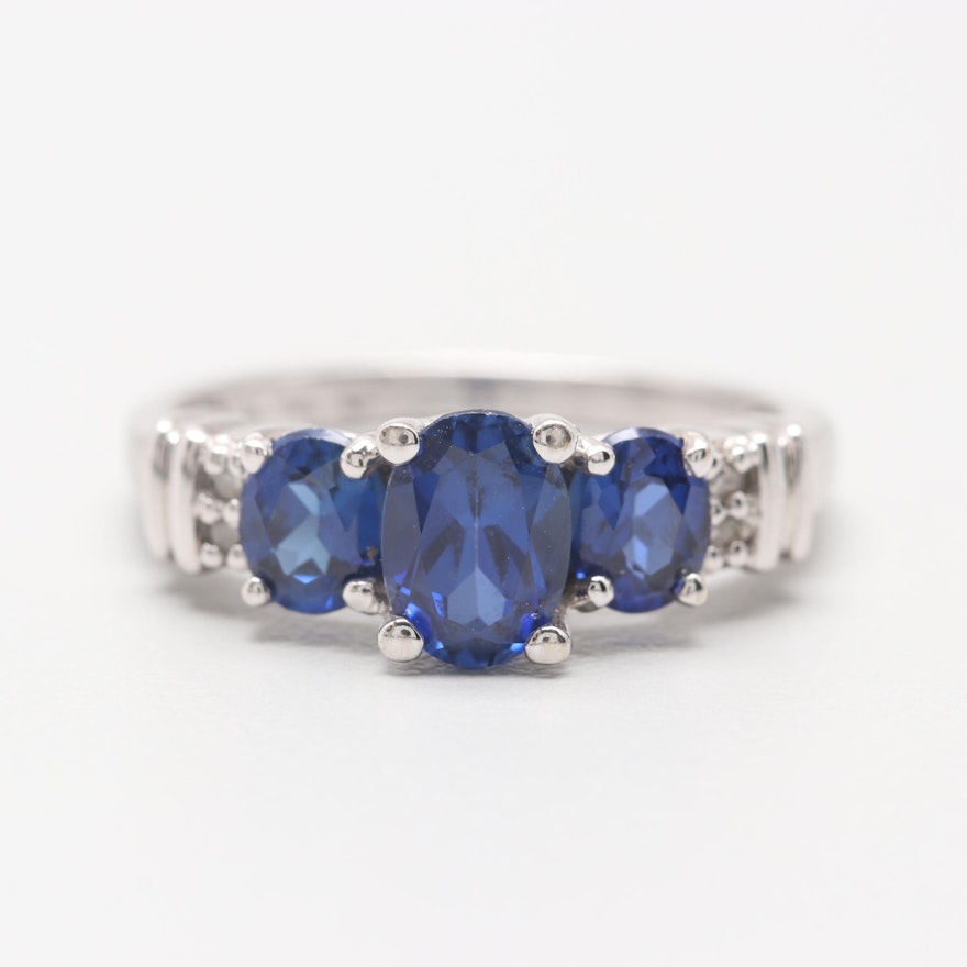 10K White Gold Synthetic Sapphire and Diamond Ring
