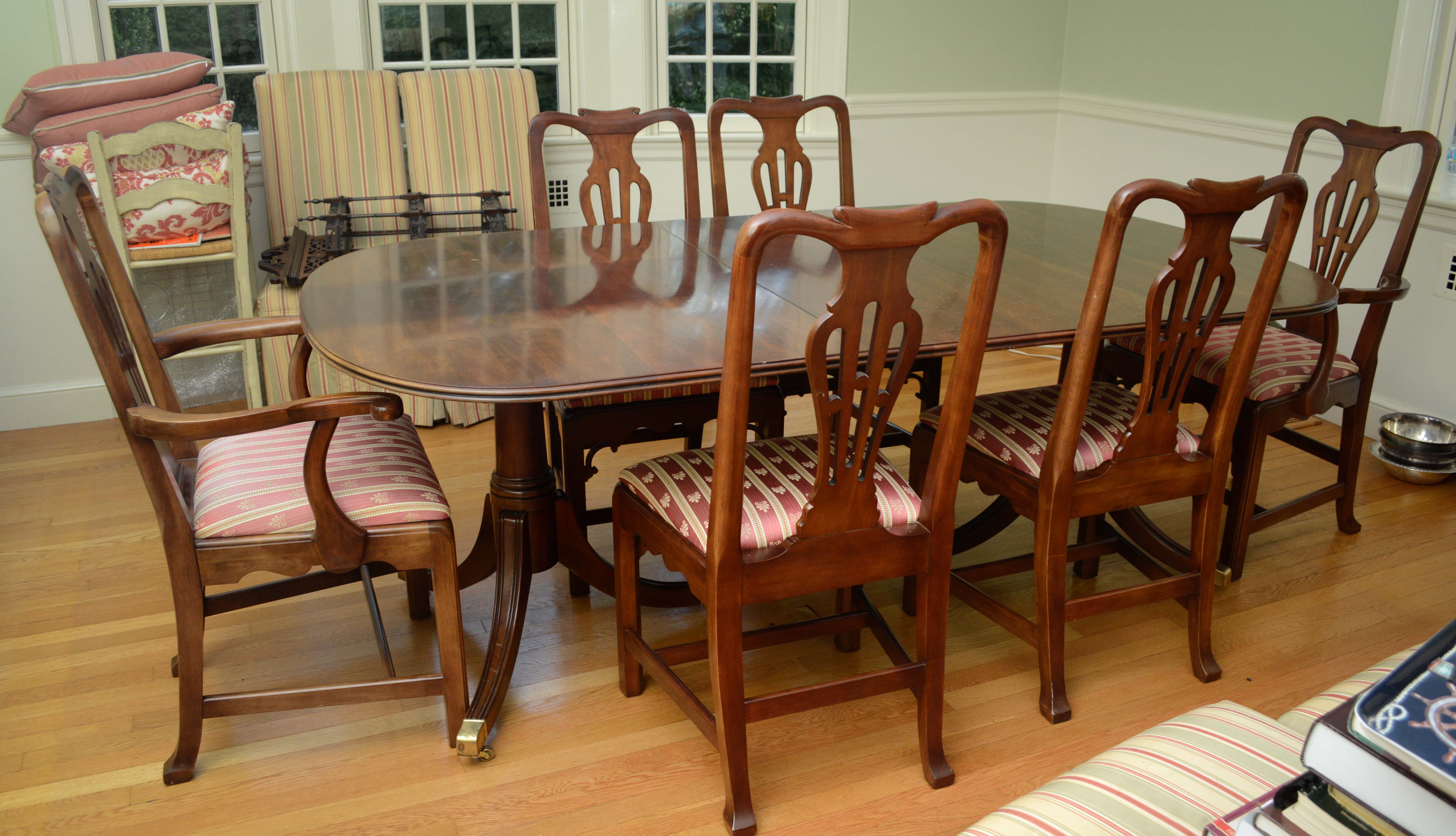 Federal Style Double Pedestal Dining Table with Chairs by Statton