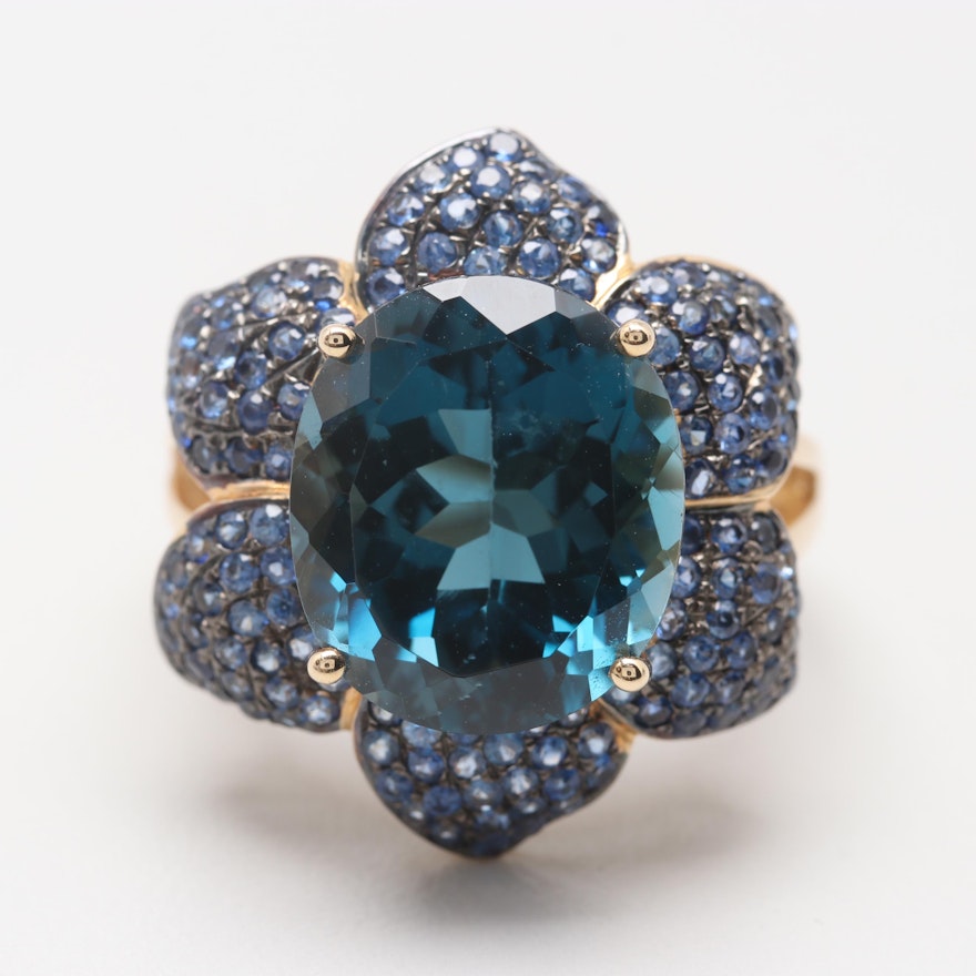 14K Yellow Gold Blue Topaz and Blue Sapphire Ring