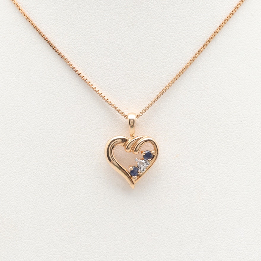 Gold Wash on Sterling Silver Blue Sapphire and Diamond Heart Motif Necklace