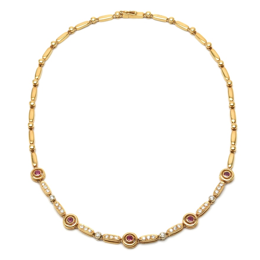 18K Yellow Gold Ruby and Diamond Choker Necklace