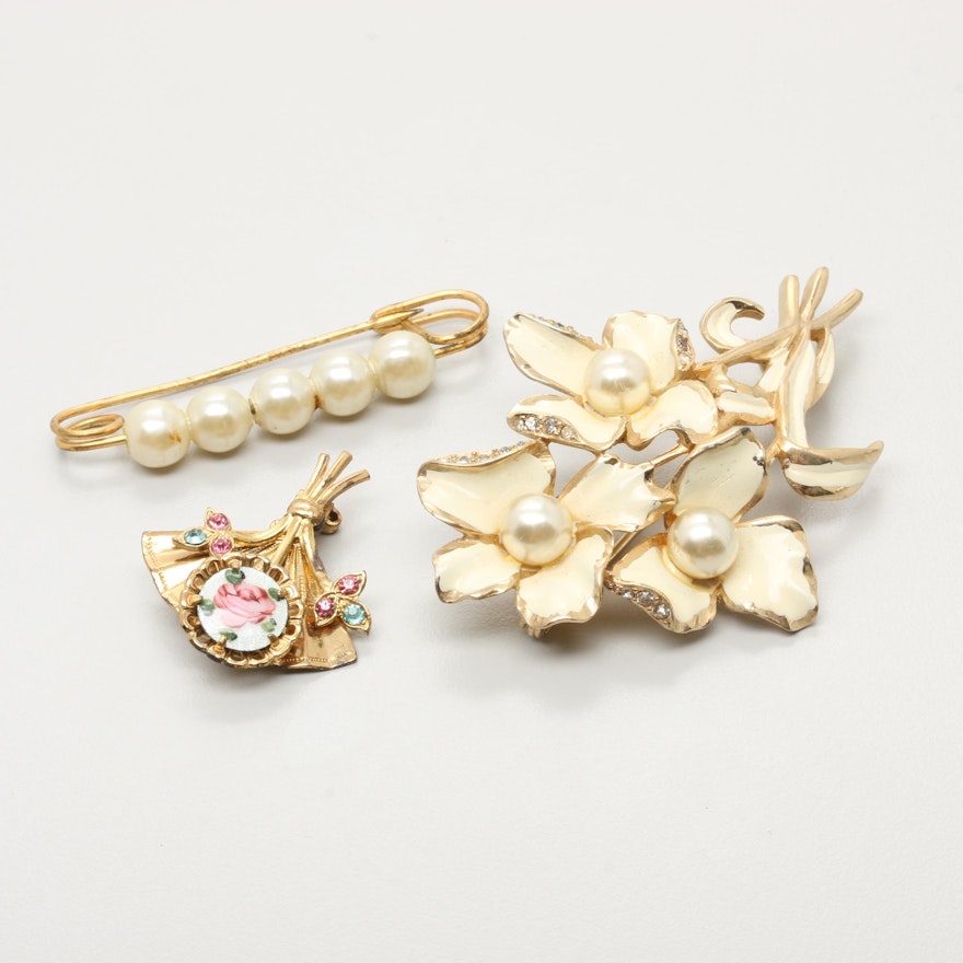 Gold Tone Brooch Selection Including Imitation Pearl