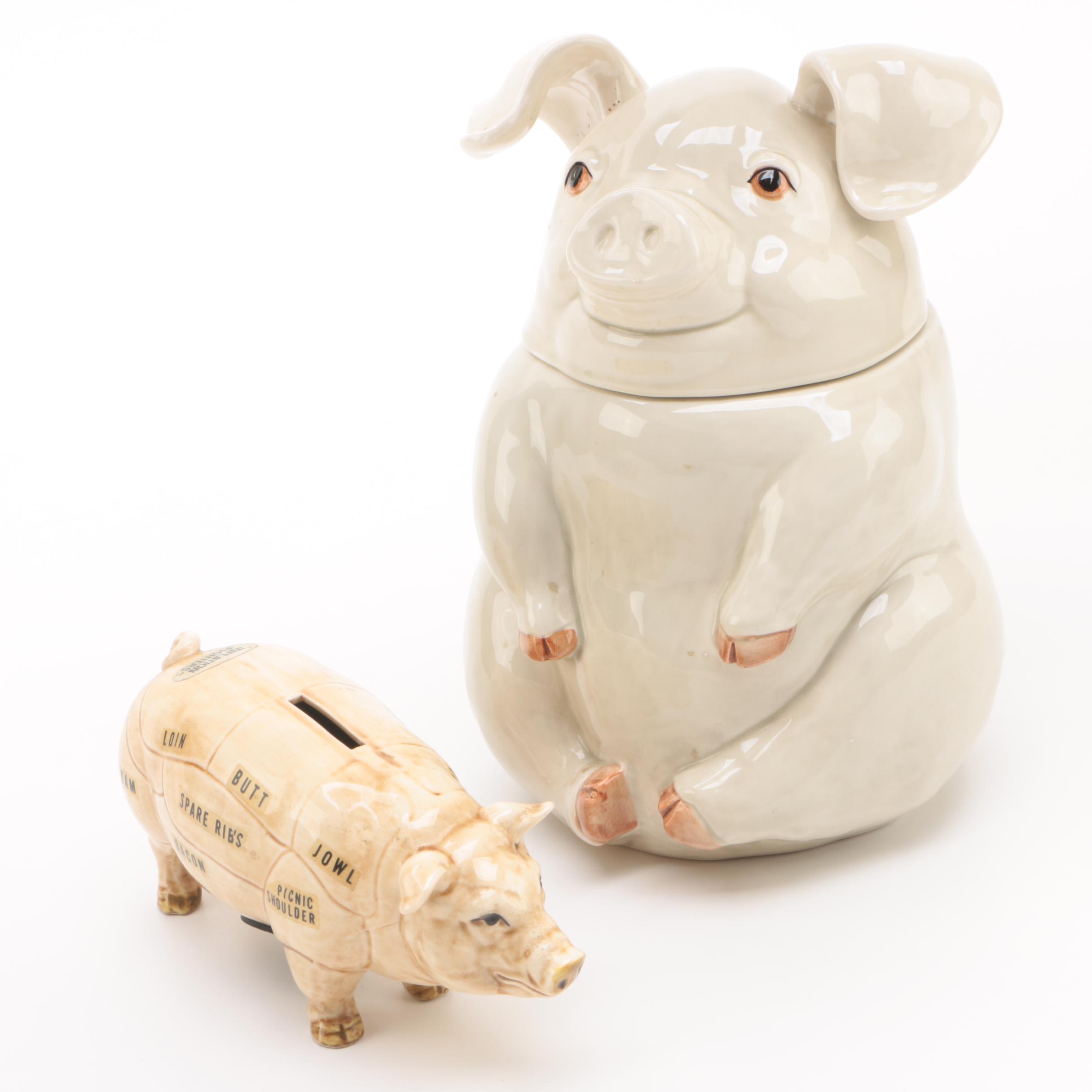 1976 Fitz & Floyd "Pigs" Cookie Jar and Pig Butcher Anatomy Bank
