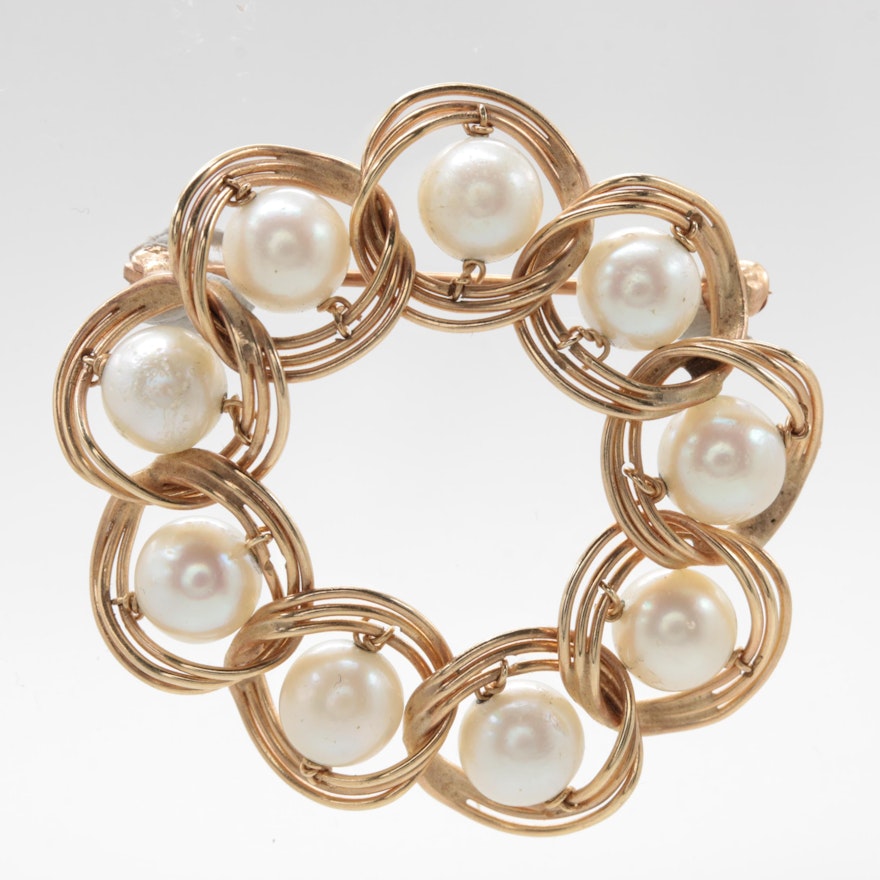 Circa 1960s - 1970s 14K Yellow Gold Cultured Pearl Brooch