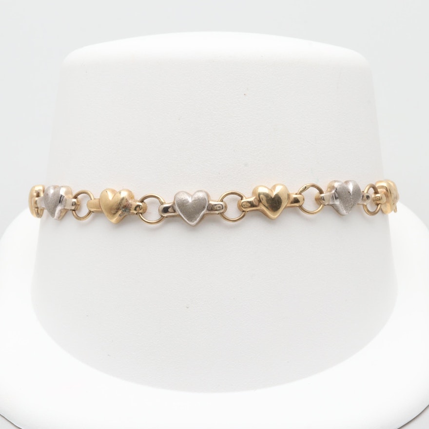 10K White and Yellow Gold Heart Link Bracelet