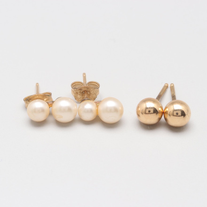 14K Yellow Gold Earrings Including Imitation Pearls
