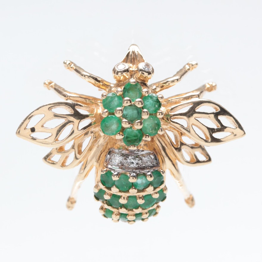 14K Yellow Gold Emerald and Diamond Insect Converter Brooch