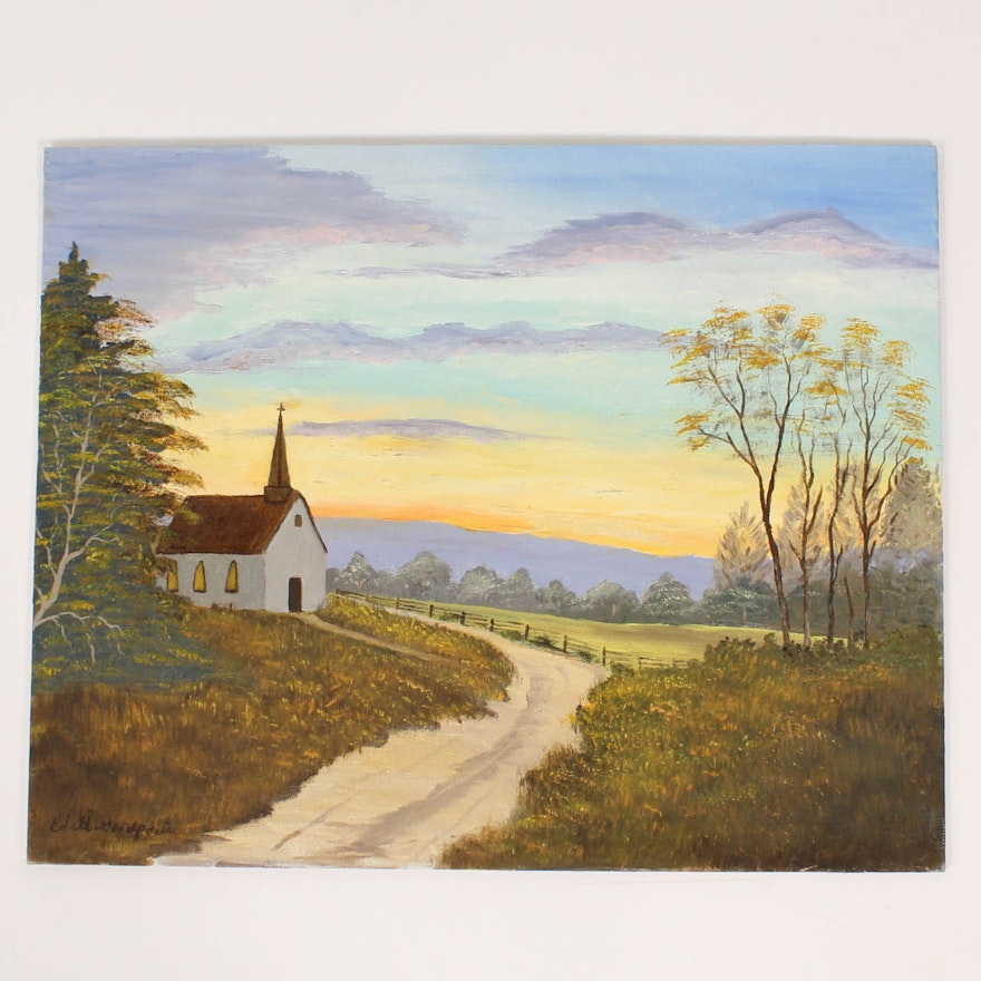 Edith Goodpasta Landscape Oil Painting of Church at Sunset