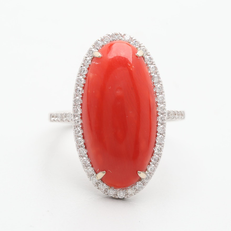 18K White Gold Coral and Diamond Ring