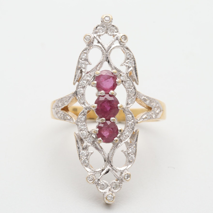 18K Yellow and White Gold Ruby and Diamond Ring