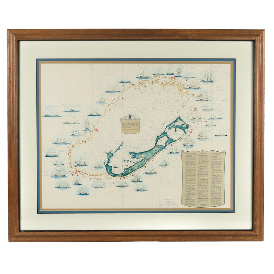 Offset Lithograph Map of Bermuda Shipwrecks After Teddy Tucker