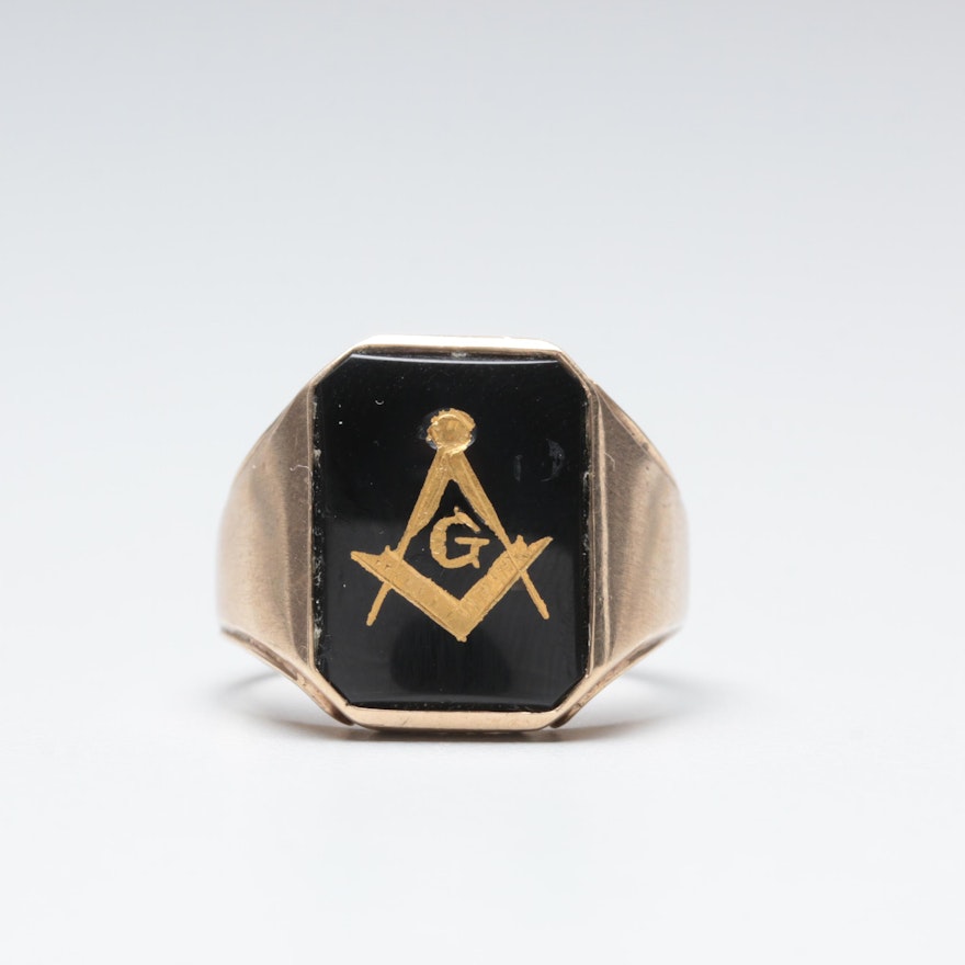 Masonic 10K Yellow Gold Black Onyx Ring