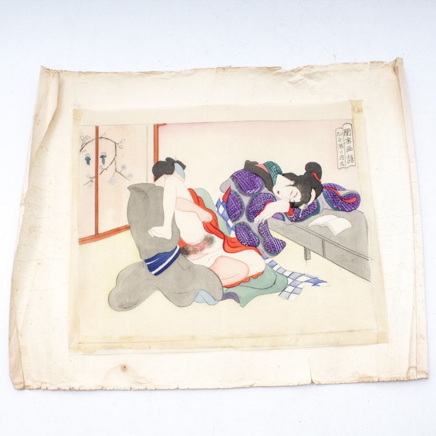 Japanese Ink and Gouache Shunga Erotic Painting on Silk
