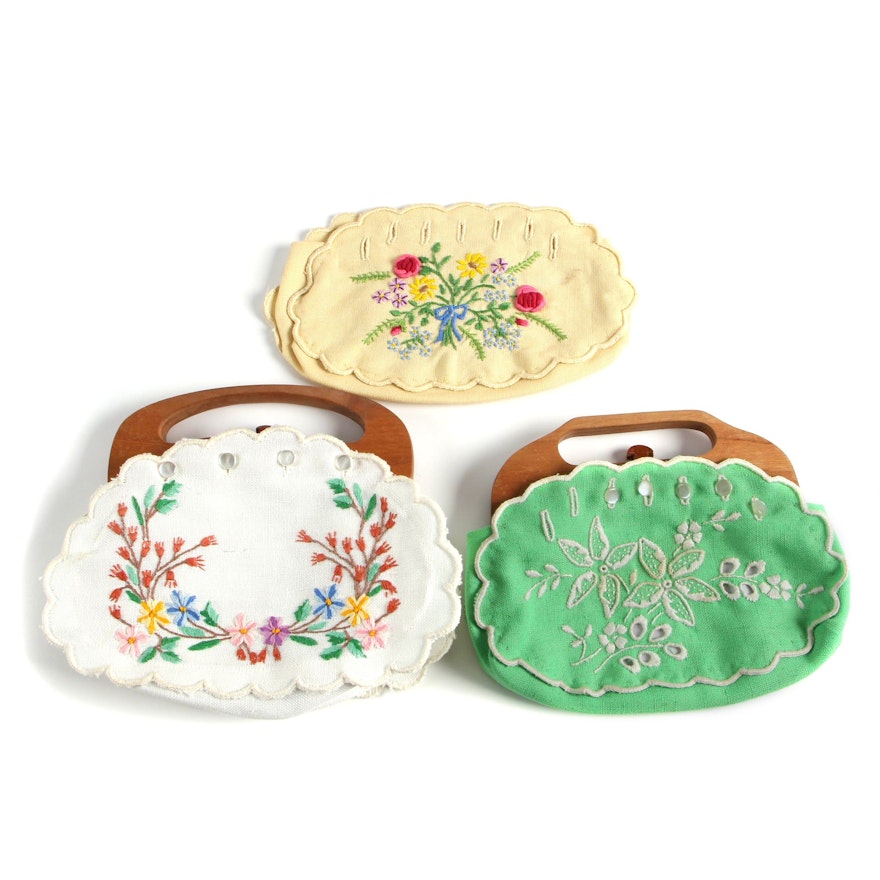 Vintage Wood-Handled Clutches with Interchangeable Embroidered Covers