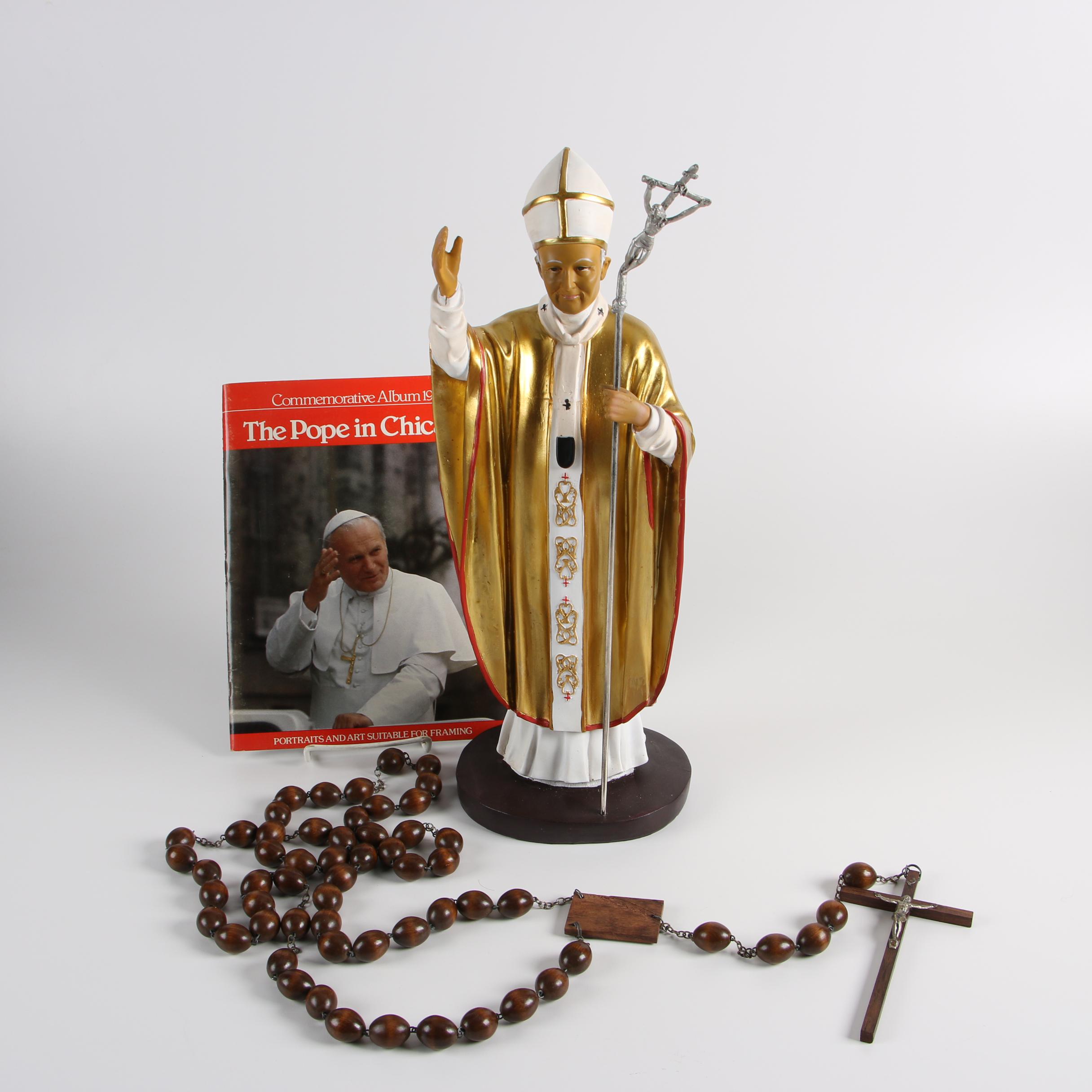 Resin Statuette of Pope John Paul II, Booklet and Rosary Wall Hanging