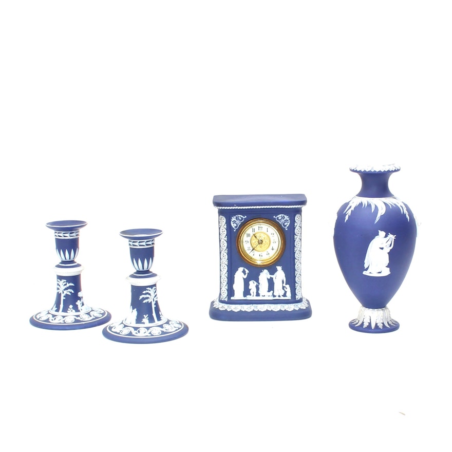 Wedgwood Cobalt Blue Jasper Antique Clock and Vase With Vintage Candlesticks