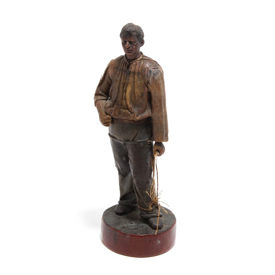 19th Century Folk Art Wood and Wax Figure of Farmer