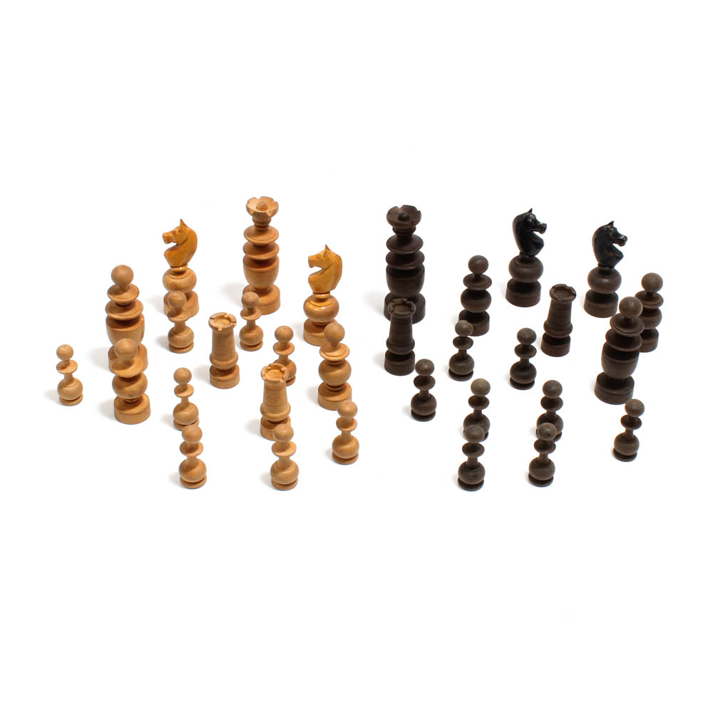 Vintage French Made Carved Wooden Chess Set and Box