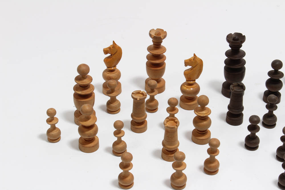 Vintage French Made Carved Wooden Chess Set and Box