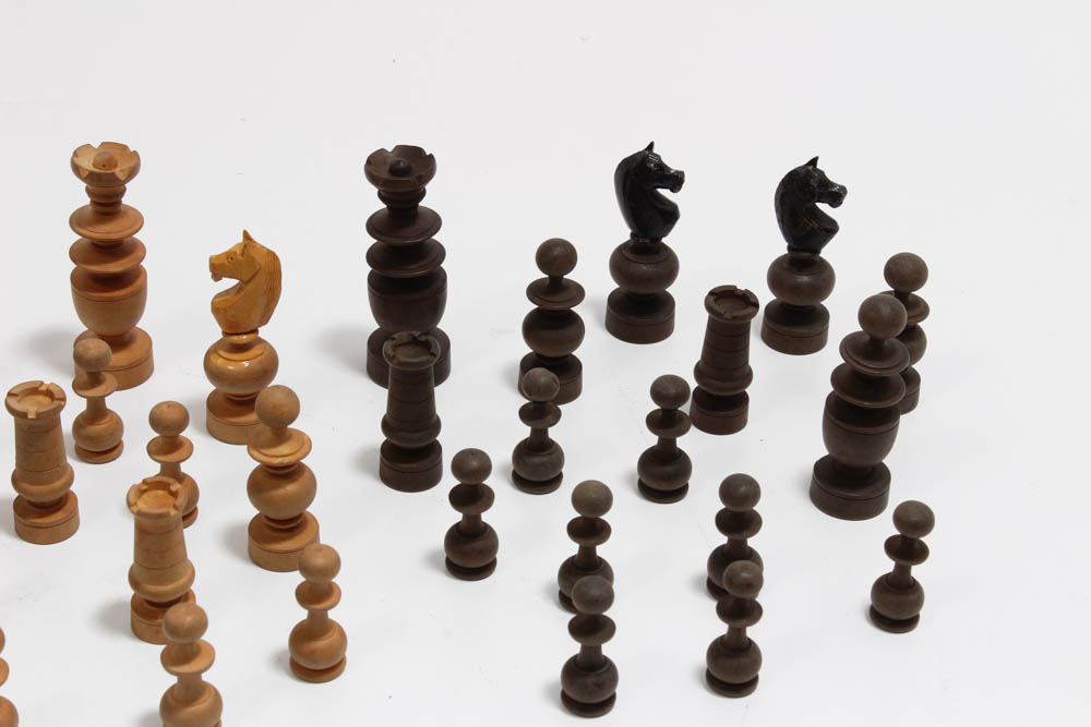 Vintage French Made Carved Wooden Chess Set and Box