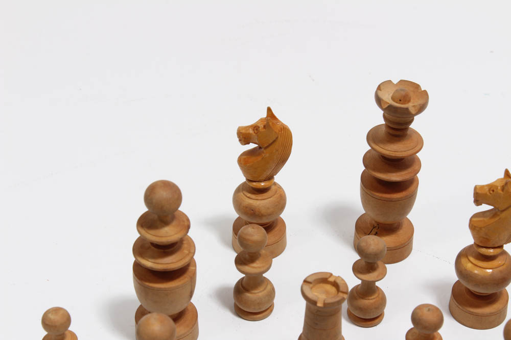 Vintage French Made Carved Wooden Chess Set and Box