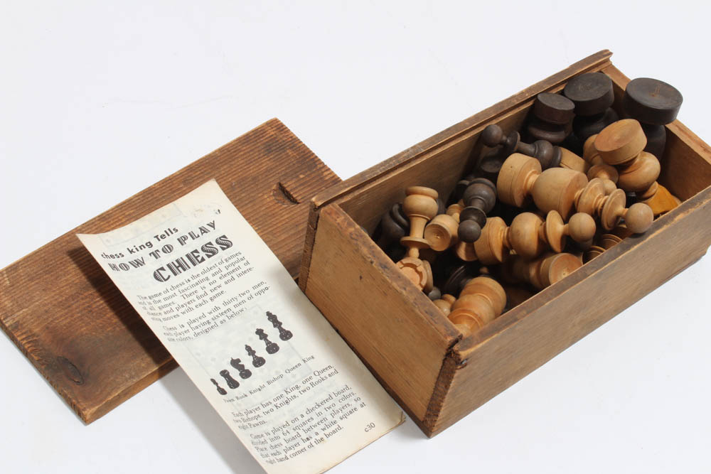 Vintage French Made Carved Wooden Chess Set and Box