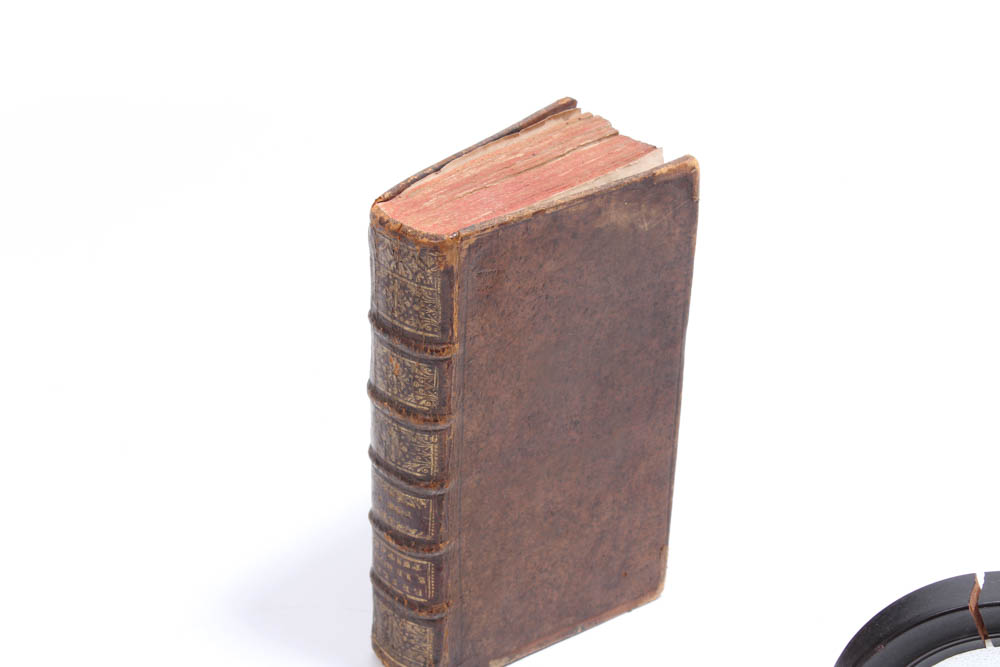 Antique Leather-bound Book with Secret Compartment and Antique Hand Mirror
