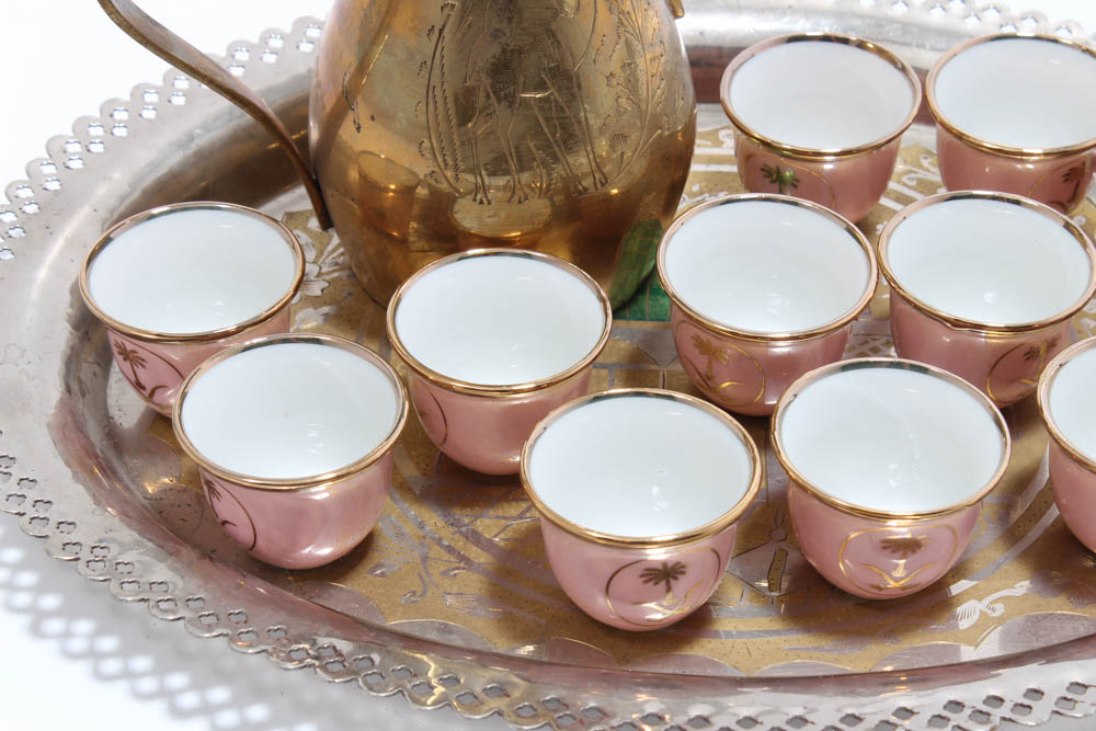 Porcelain Tea Cups With the Coat of Arms of Saudi Arabia and Dallah Teapot
