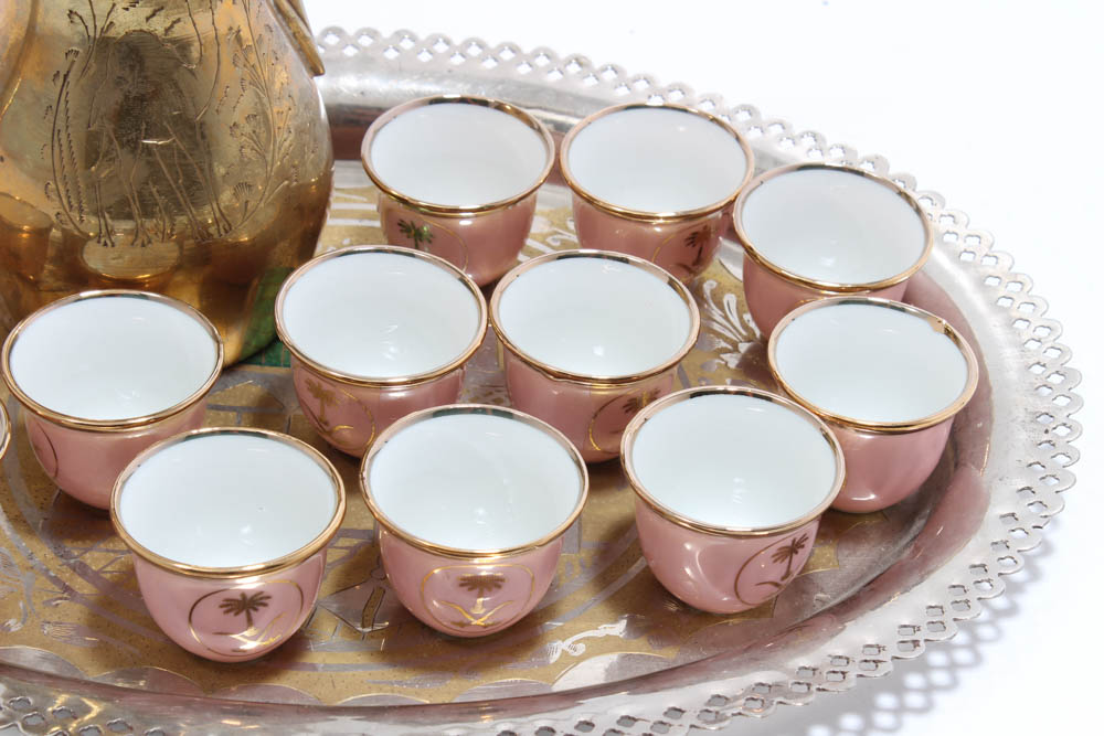 Porcelain Tea Cups With the Coat of Arms of Saudi Arabia and Dallah Teapot