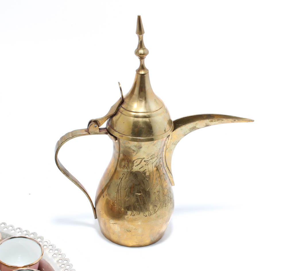 Porcelain Tea Cups With the Coat of Arms of Saudi Arabia and Dallah Teapot