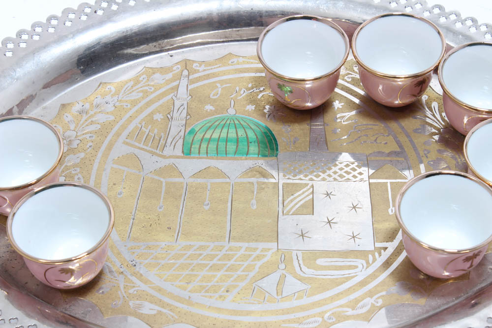 Porcelain Tea Cups With the Coat of Arms of Saudi Arabia and Dallah Teapot