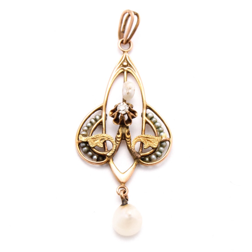 Antiquie 10K Yellow Gold Seed Pearl and Diamond Lavalier Pendant