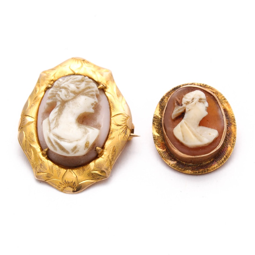 Vintage 10K Yellow Gold Shell Cameo Brooches