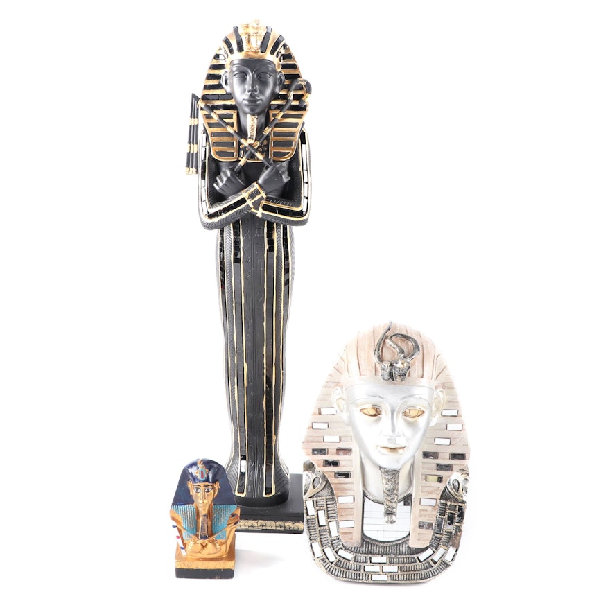 Cast Resin Pharaoh Busts with Wooden Pharaoh Sarcophagus Statuette