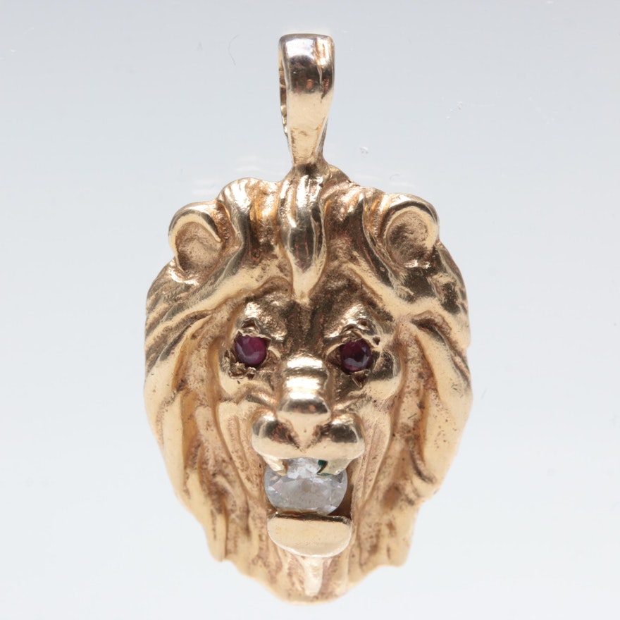 14K Yellow Gold Diamond and Ruby Lion Head Pendant